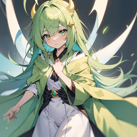 {{Best quality}}, {{Masterpiece}}, {{super ultra detail}}, {{illustration}}, {{Detailed light}}, one-girl，Lime yellow，Gradient, Turquoise eyes, Loli style, beast ear，The robes of the priests