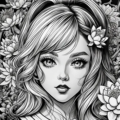 Black and white stick figure girl with lotus flower in background, loli in dress with flowers, its fine ink line art, comic style, portrait of ploynesian girl, Marilyn Munroe, Hollywood glam, beautiful line art, black and white comic style, manga style, ma...