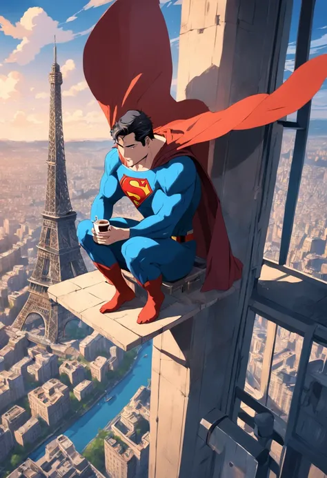 Superman drinking coffee sitting at the top of the Eiffel Tower in the style of hicham habchi