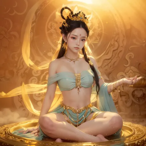 Beautiful 16 year old princess doing yoga lotus sitting sitting on a huge lotus flower，Wearing a delicate gold crown，Full face，Lotus in hand，Barefoot on both feet，Such as out of the water hibiscus，The corners of the mouth are slightly upturned，Look at the ...