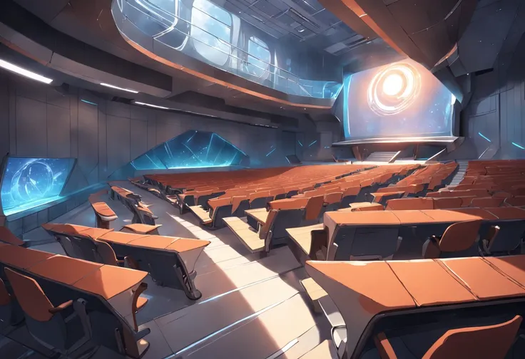 "(Futuristic college classroom)(Superhero) with a futuristic college lecture hall, school desk, stairs, and a screen."