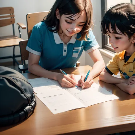 Imagine a lighted therapeutic office environment, com cores suaves e uma atmosfera acolhedora. No centro da sala, There is a table with puzzles and learning materials. Um terapeuta, usando um distintivo uniforme, is sitting in a chair next to the table, sm...