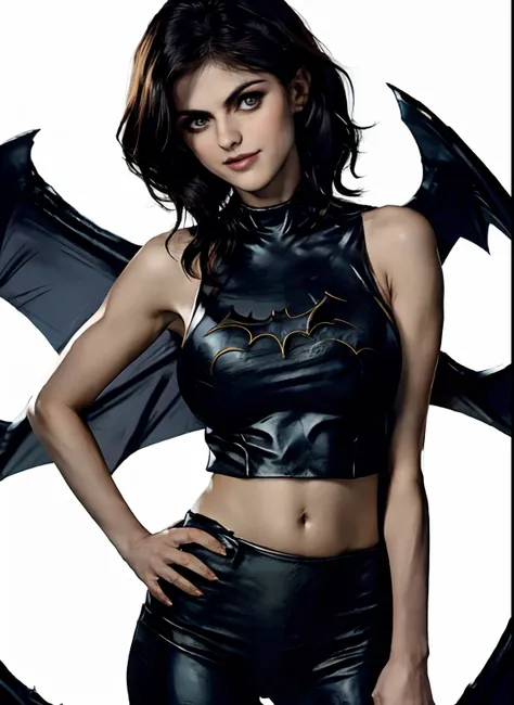 (obra-prima, melhor qualidade), 1girl, solo, alexandra daddario, batgirl terno, cabelo preto, olhos castanhos, sorriso, ((seios ...