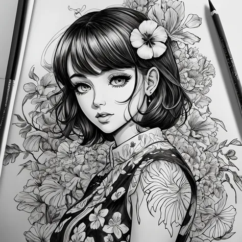 Black and white stick figure girl with hibiscus flower in background, loli in dress with flowers, its fine ink line art, comic style, portrait of ploynesian girl, Marilyn Munroe, Hollywood glam, beautiful line art, black and white comic style, manga style,...