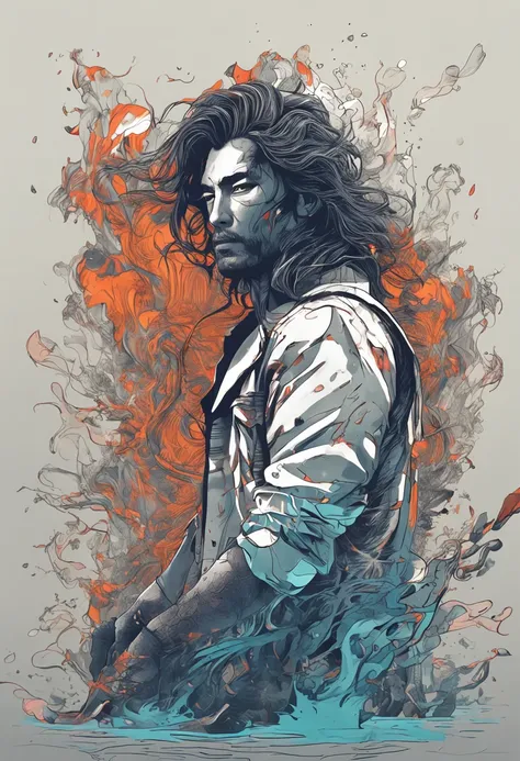 Asian handsome，perfect bodies，handsome man with long hair，ModelShoot style, (Extremely detailed Cg Unity 8K wallpaper), A chaotic storm of intricate liquid smoke in the head, Stylized beautiful full-length abstract portrait, wetted skin, author：Petros Afsh...