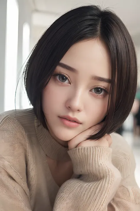 (masterpiece:1.3), (8k, photorealistic, RAW photo, best quality: 1.4), (1girl), beautiful face, (realistic face), (black hair, short hair:1.3), beautiful hairstyle, realistic eyes, beautiful detailed eyes, (realistic skin), beautiful skin, (sweater), in th...