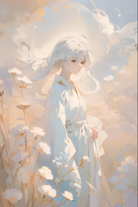 Painting a man in a white shirt standing in a flower field, Soft anime illustration, flowing hair and long robes,short detailed hair,Flowing white robe, Beautiful young wind spirit, White-haired god, A beautiful artwork illustration, Beautiful character pa...