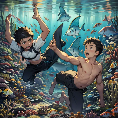 Two boys soar freely under the sea