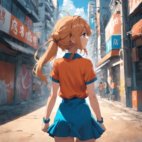 masuter piece, 独奏, Turn around、facing back、Beautiful woman looking back、Blue polo shirt, Beautiful girl with a refreshing smile, Orange polo shirt, Beautiful sunlight, Fine expression, dynamic ungle, Beautuful Women, Background in the city, Stand up straig...