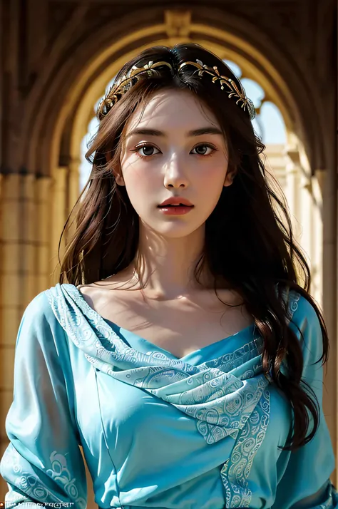 Absurd, Ultra-detailed, High quality, Masterpiece, Detailed face, Beautiful eyes(Detailed eyes), greek myth, Goddess, Hera , the queen of the gods, striking and captivating, features are classically beautiful, with high cheekbones, A perfectly proportioned...