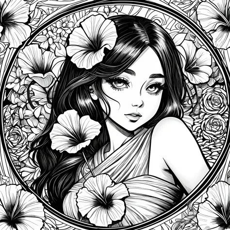 Black and white stick figure 1 girl with hibiscus flower in background, loli in dress with flowers, its fine ink line art, comic style, portrait of ploynesian girl, Marilyn Munroe, Hollywood glam, beautiful line art, black and white comic style, manga styl...