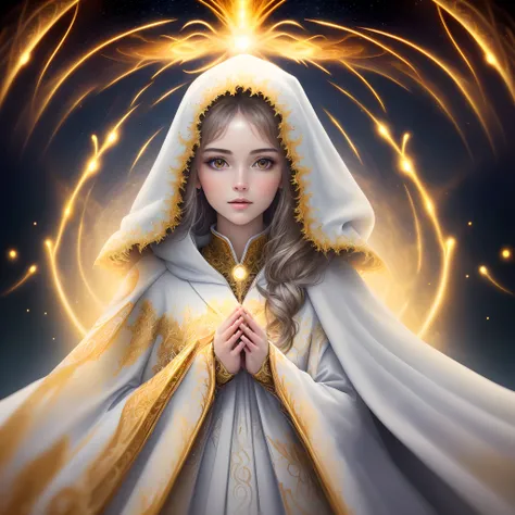 (masterpiece, top quality, best quality, official art, beautiful and aesthetic:1.2), (1girl), extreme detailed, (fractal art:1.3), colorful, highest detailed, perfect face, upper body, HDR, (praying:1.3), (white cloak golden lines:1.2), galaxy, (light stre...