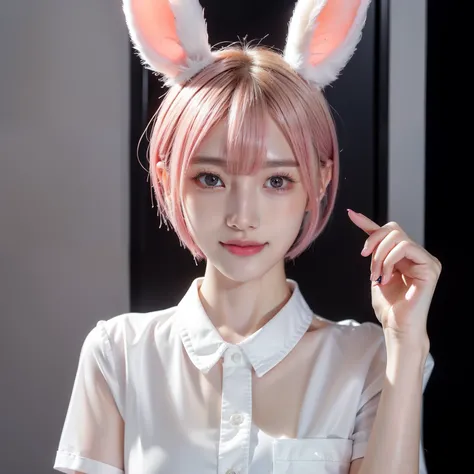 swimming pools、Short shirts、Realistic rabbit ears、White shirt、rabbit ears sticking out of the head,,,,、Pink hair、Korean Beauty、Uncomfortable hand shape、K-POP、AKB48、Pink rabbit ears、1 girl in、独奏、Jeans pants、​masterpiece、top-quality、realisitic、Hyper-detailin...