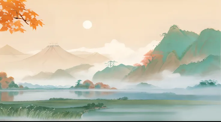 painting of a landscape with a river and mountains in the background, Japanese Landscape, Japanese style painting, peaceful scenery, Anime landscape, Chinese landscape, in a serene landscape, landscape artwork, Chinese watercolor style, peaceful landscape,...