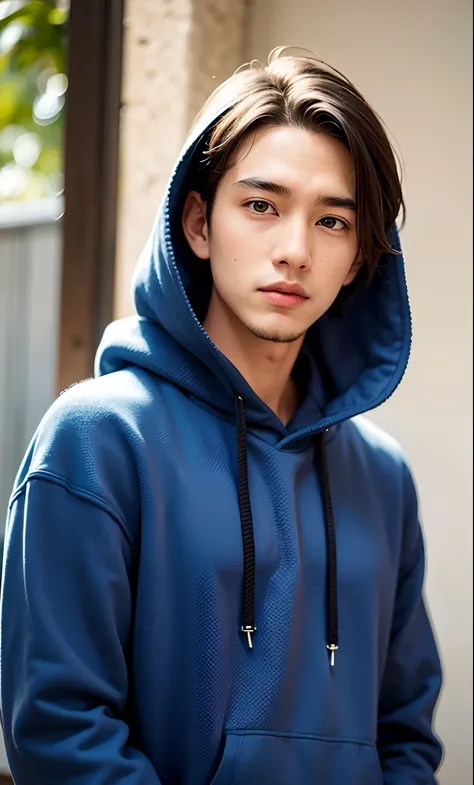 Close up portrait of a man in a blue sweatshirt，japanes, trending on r/Street attire, official product image, Lyristic, Hoodie, in a navy blue sweater, 2 0 2 0 fashion, casual clothing style, posh, Wearing a blue hoodie, Fear of Gods Style, Navy blue, Wear...