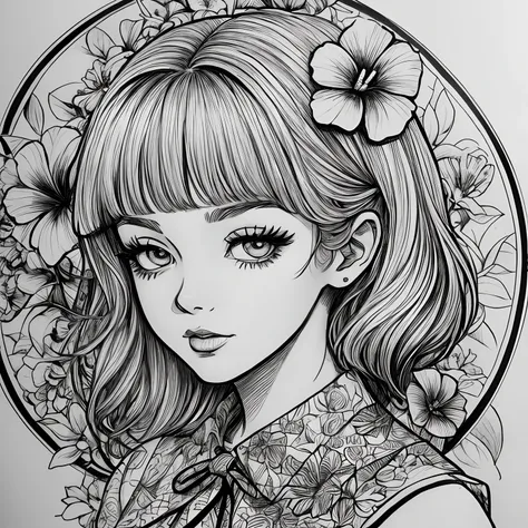 Black and white stick figure 1 girl with hibiscus flower in background, loli in dress with flowers, its fine ink line art, comic style, portrait of ploynesian girl, Marilyn Munroe, Hollywood glam, beautiful line art, black and white comic style, manga styl...