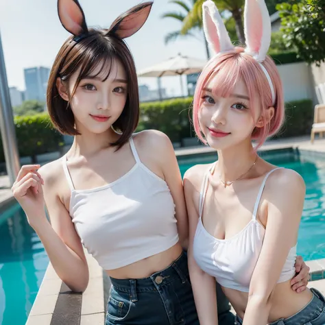 swimming pools、Short shirts、Realistic rabbit ears、White shirt、rabbit ears sticking out of the head,,,,,、Pink hair、Korean Beauty、Uncomfortable hand shape、K-POP、AKB48、Pink rabbit ears、1 girl in、独奏、Jeans pants、​masterpiece、top-quality、realisitic、Hyper-detaili...