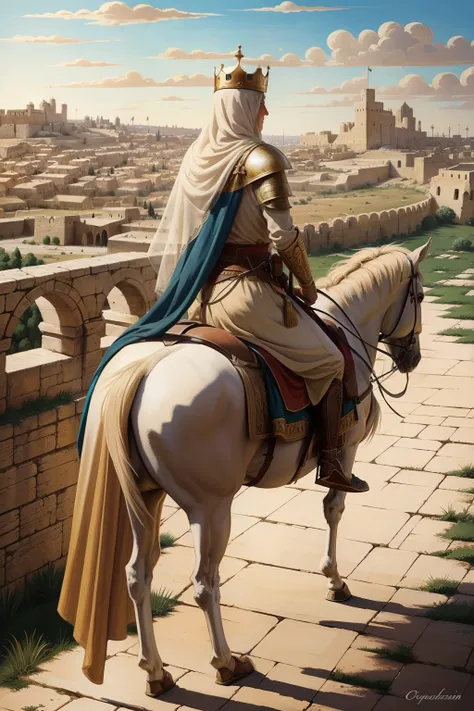 Old painting, vintage, Jerusalem city 1100 ad, crusader queen with crown blondie from back, ride horse, thousand crusader army, old painting landscape, ultra detailed, masterpiece, high quality