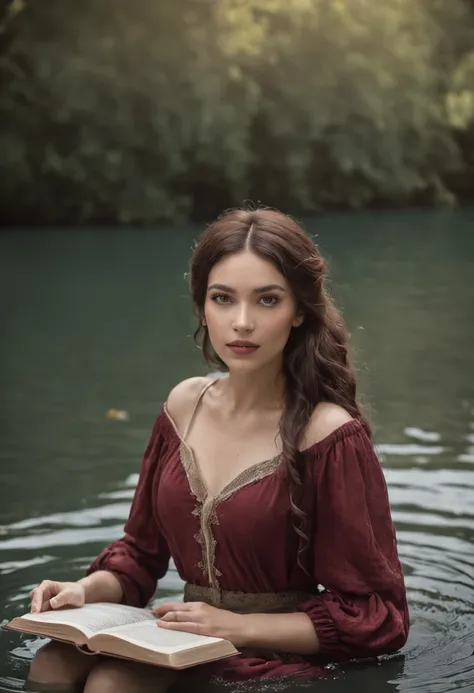 Woman in water holding a book in her hands,  realistic fantasy rendering on a river, foto de retrato de pintura fosca, fotografia de fantasia realista,em um lago