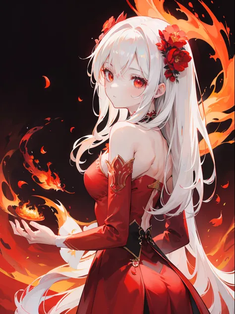 (bestquality, masterpiece), (An elegant mature woman , 1girl , solo," Red dress", Standing , looking at the audience, White Hair, Long-haired, Red Eyes, , closed mouth, Upper body), (Phoenix with Fire Back, Orange flowers, )