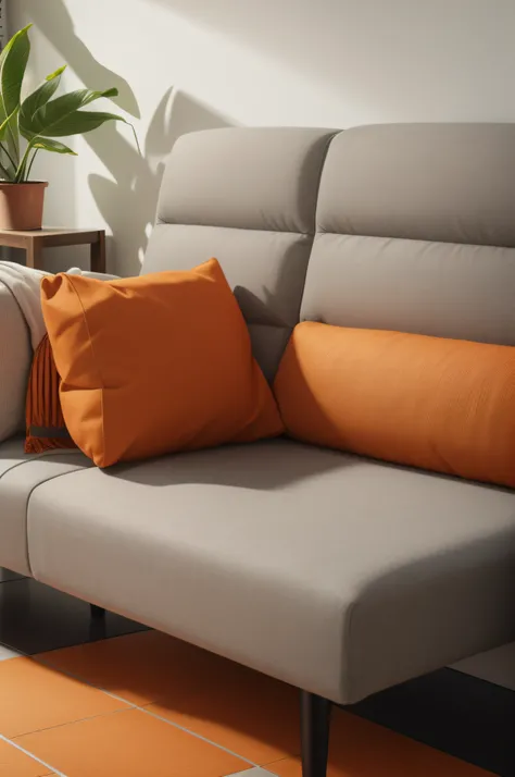 Close-up of orange fabric sofa side，Grey tiled floors，well-illuminated，Realistic and realistic