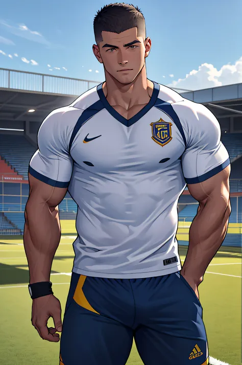 Draw a full-fledged athlete，Stand on the central field of the gym，He wears high-end sportswear，The man looks confident and determined，looking-down，Crew cut，full bodyesbian，shooting from below，