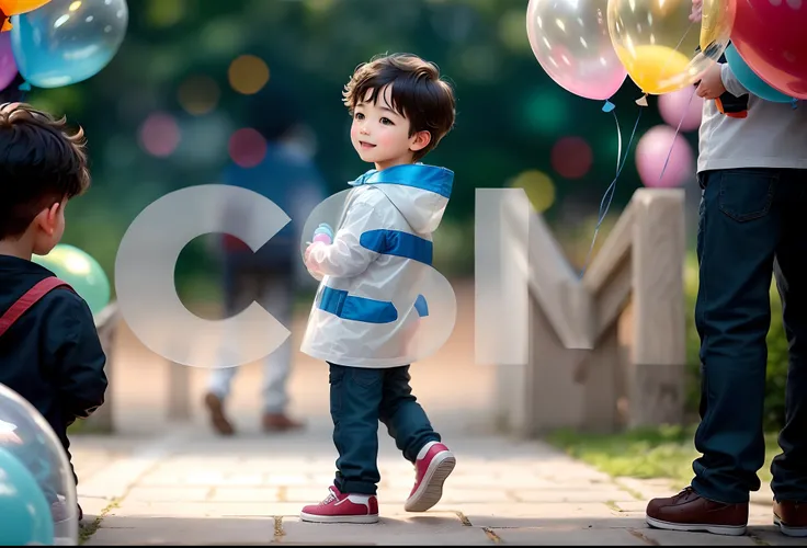 A boy, zoo, many balloons, happy, happy, perfect quality, clear focus (clutter - home: 0.8), (masterpiece: 1.2) (realistic: 1.2) (bokeh) (best quality) (detailed skin: 1.3) (complex details) (8K) (detail eyes) (sharp focus), (happy) full body, two children...