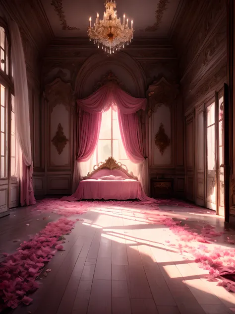 There is a bedroom with a window and a pink carpet on the floor, atmosfera sonhadora e drama, Senhorita Aniela, An abandoned Rococo Hall, atmosfera de sonho, beautiful render of a fairytale, Sala do trono decadente, atmospheric beautiful details, Motor irr...