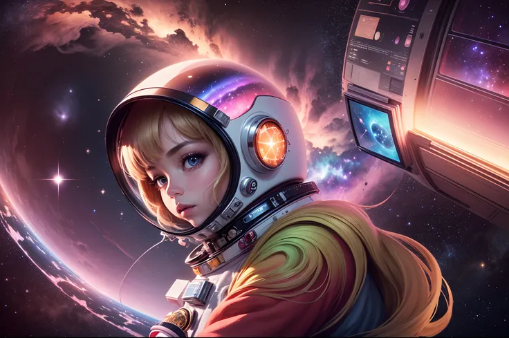 Craft an image that blends Oppenheimers cosmic visuals with Barbies iconic charm, showing Barbie as an astronaut exploring an otherworldly galaxy filled with candy-colored nebulas and celestial wonders --auto --s2