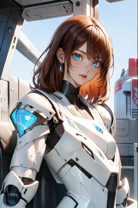 (Masterpiece), (Best quality), 1girll, Beautiful girl, Female Warrior, battlefiled, White armor, exoskeleton, Mecha, Mechanical armor, Blue eyes, Cinematic light