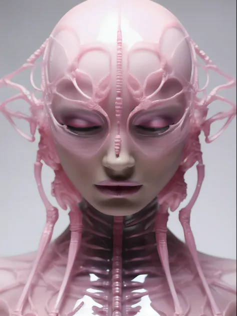 a closeup of a pink plastic head with a skeleton as body, Medusa cyberpunk, Cybernetic Machine Female Face, Retrato de uma rainha ciborgue, maquiagem cyberpunk intrincada - up, Retrato detalhado de um ciborgue, Retrato de um androide feminino, Retrato do h...