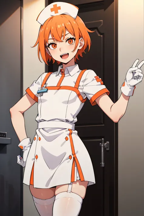 1 boy, Nurse, Nurse Cap, Whiteware, ((White legwear, zettai ryouiki)), White Gloves, Short short hair, Orange hair, Smile, Open mouth, Standing, hospitals, sharp outline, Short sleeves, Shota, 12year old, Best Quality, masutepiece