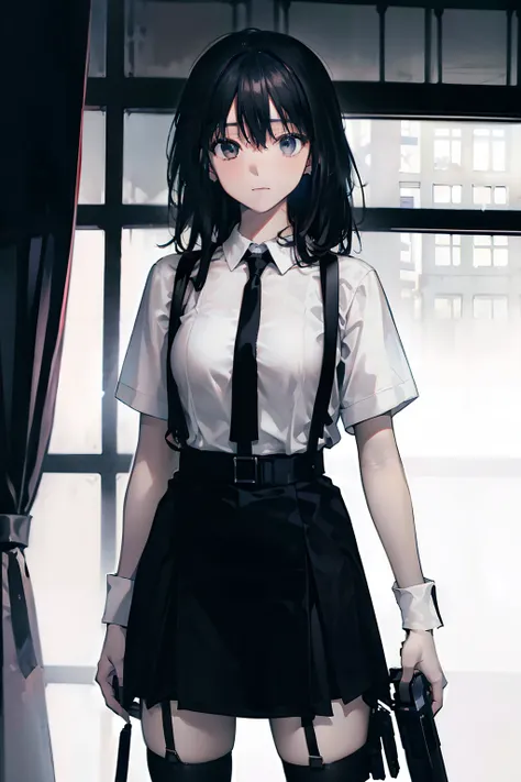 a black skirt, neck tie, Cutter shirt　suspenders, Long Black Hair, Gray eyes, holster, Garter belt on the legs, , Big breasts, Pichi Pichi clothes, both sides　deadpan　Behind