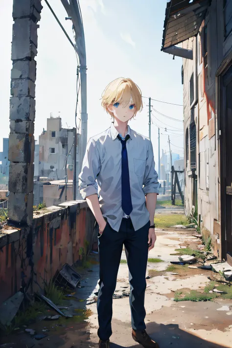 blond blue-eyed boy standing on ruined buildings