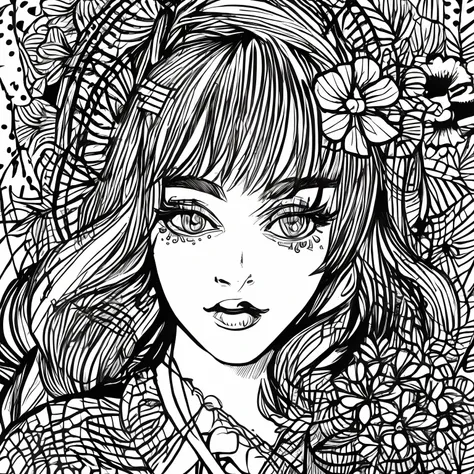 Black and white stick figure 1 girl with hibiscus flower in background, loli in dress with flowers, its fine ink line art, comic style, portrait of ploynesian girl, Marilyn Munroe, Hollywood glam, beautiful line art, black and white comic style, manga styl...