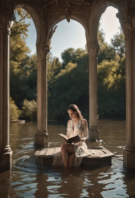 Woman sitting in water reading a book in a gazebo, Surrealismo 8K, water art manipulation, Surrealismo 4K, water manipulation photoshop, epic surrealism 8k oil painting, Arte de fantasia grande angular, fantasia sombria surreal, arte conceitual surreal, ma...