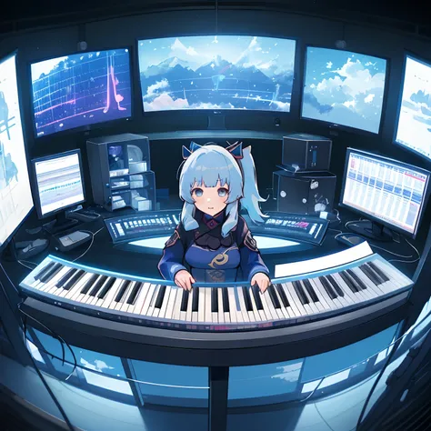 genshin_impact, 1girl, kamisato, ayaka, kamisato_ayaka, fl_studio, computer, music_keyboard, studio_speakers, music_studio, blue_hair