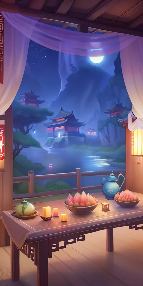 2D game art，Ancient Chinese wind，River lamps，summertime，July and a half，the night，rays of moonlight