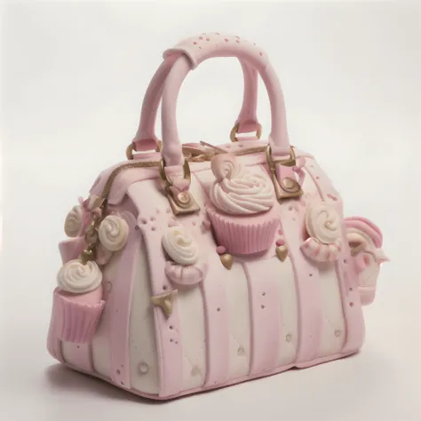 um close up de uma bolsa rosa com queques, bolsa, covered with pink marzipan, bolo, queque, fofo, arte do bolo, rosa pastel, escultura do bolo, com cores rosa suaves, com muitos detalhes, muito doce, sugary sweet, fofo!!!, esculpido a partir de doces, Requ...