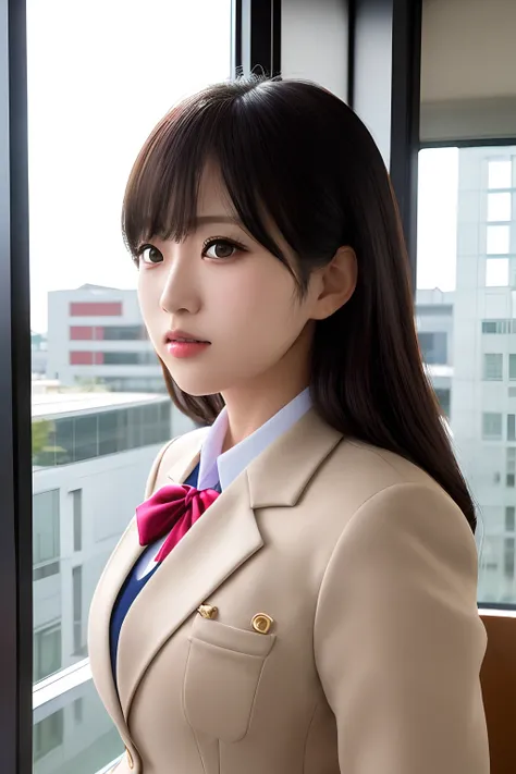 1 girl, mature woman, Japan girls high school blazer uniform, bow, photo, realistic, top quality, adopted, detailed face, office, building from window, detailed background, diffuse sunlight, depth of field, bokeh