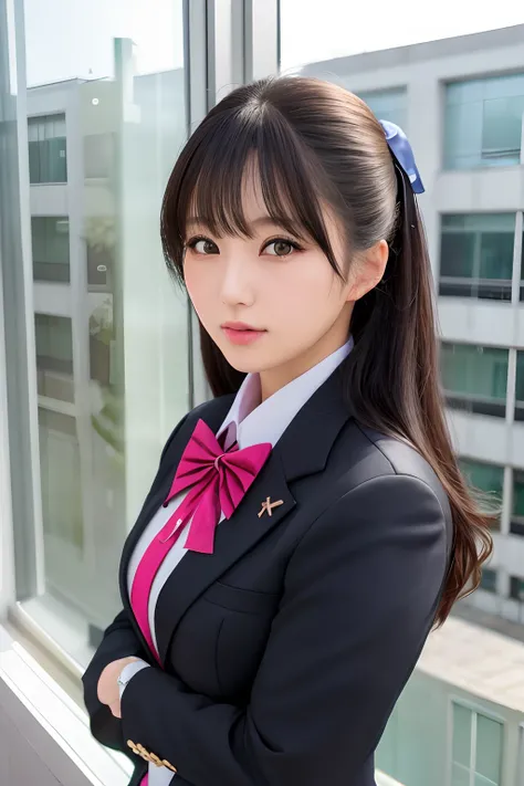 1 girl, mature woman, Japan girls high school blazer uniform, bow, photo, realistic, top quality, adopted, detailed face, office, building from window, detailed background, diffuse sunlight, depth of field, bokeh