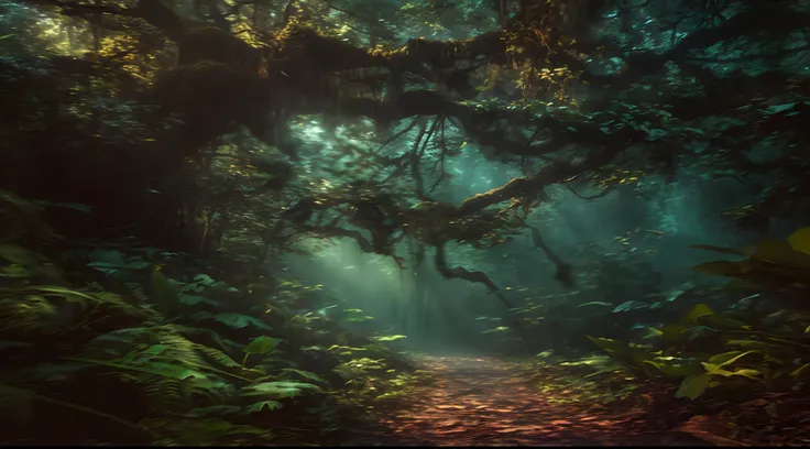 There is a path in the middle of the forest，There are trees, eerie jungle, From the depths of the jungle of another world, fantasy jungle, an enchanted forest, photography of enchanted forest, enchanted magical fantasy forest, magical jungle, Fairytale for...