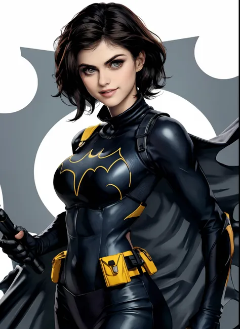 (obra-prima, melhor qualidade), 1girl, solo, alexandra daddario, batgirl terno, cabelo preto, olhos castanhos, sorriso, (((seios...