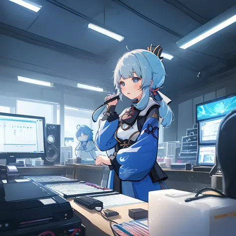 genshin_impact, 1girl, kamisato, ayaka, kamisato_ayaka, fl_studio, computer, music_keyboard, studio_speakers, music_studio, blue_hair