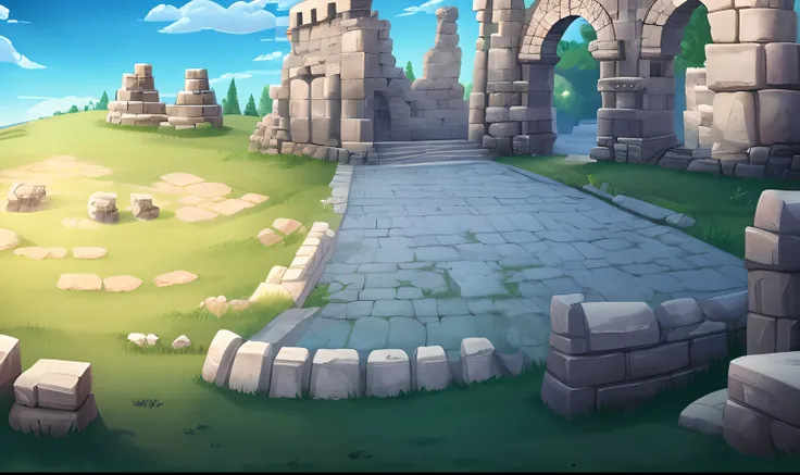 There is a cartoon picture of a stone road with a stone arch, ancient ruins background, odins stone arena background, arena background, city ruins background, background is the ruins, ruins landscape, arte de fundo, Mobile game background, ruins on the bac...