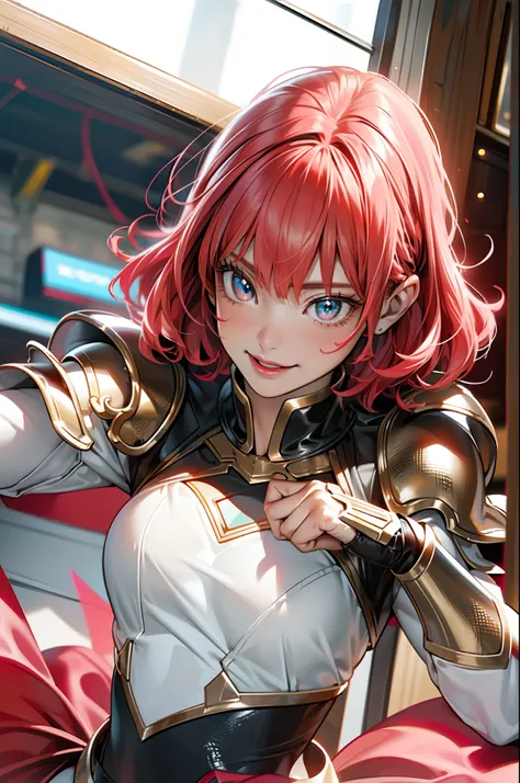 Pink armor girl, edgHalo_Armor , power armour, Laser-powered gun, 
,(1girll:1.3, Solo:1.3), Focus Girl, female focus, Close-up, (((Medium hair:1.3), short length bangs, Pink red hair, Floating hair NovaFrogStyle)), Beautiful detailed girl, Detailed fingers...