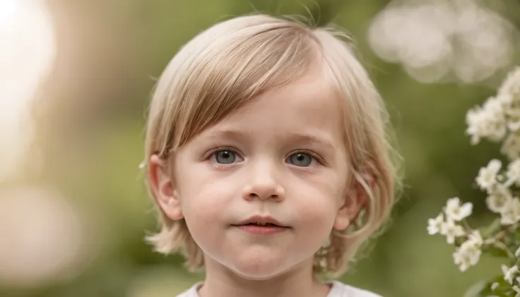 A 6-year-old blonde boy standing in a garden, alta qualidade, Foco claro (mess - house: 0.8), (obra-prima: 1.2) (realista: 1.2) (Bokeh) (melhor qualidade) (pele detalhada: 1.3) (detalhes intrincados) (8k) (Detalhe Olho) (foco nítido), (assustado) (various ...