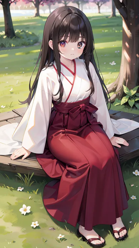 Frontal photography full body sitting on the ground, treeside red long dress, white kimono, black hair like a spring, no headgear, front photography full body sitting by the tree，Take the bellflower,((Brown eyes)))red long skirt,Black hair, White kimono al...