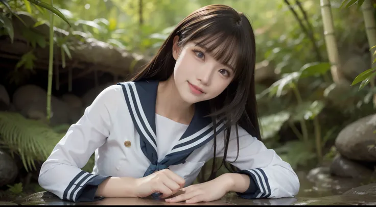 a pregirl，ssmile, looking at viewert, sailor uniformm,skintight jeans，photore, realisticlying, Best quality at best, employee, 详细的脸，Lying on a large mossy stone in a bamboo forest， diffuselighting, depth of fields