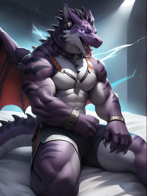 Solo, Male, (Muscular), sacrifices, (male anthro wolf):1.3, Dark purple body，nakeness，divinity，Wear white ear headphones，Black  shorts, (Kamimei):1.3, (komono:1.4) (DOA):1.23, Detailed eyes, lizard tail,A pair of dragon horns, A pair of dragon wings，((Full...